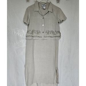 Plaza South Petite Vintage Size 6 Lined Linen Floral Embroidered Dress & Jacket
